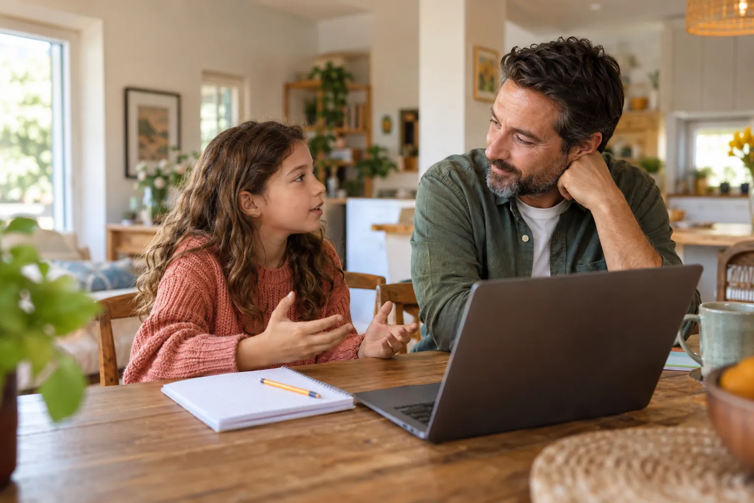 Un bambino si ferma a parlare con il papà mentre usa il computer.