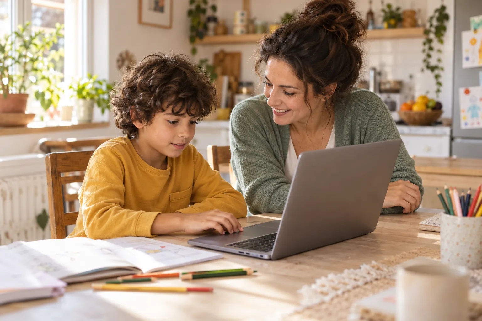 Un bambino lavora al computer con un adulto che lo accompagna.